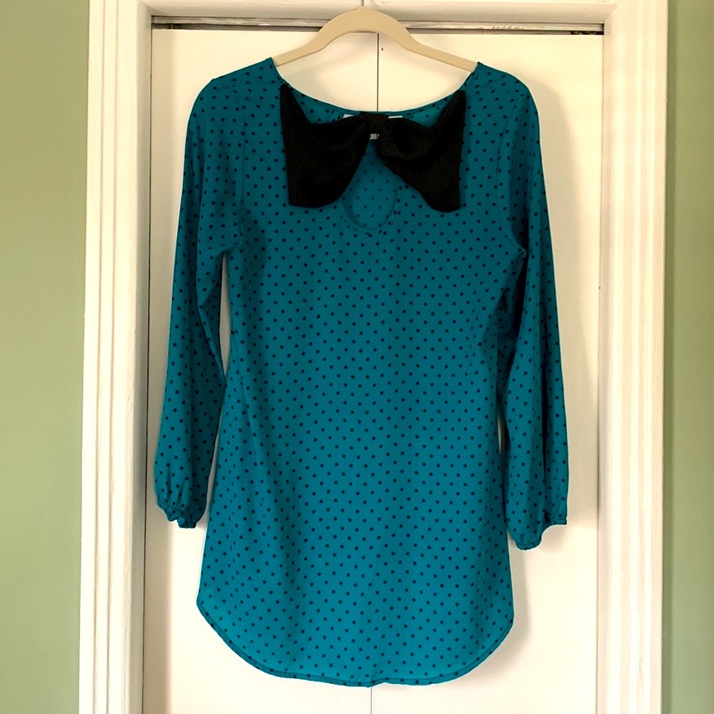 Teal Polka Dot Blouse with Bow details in back